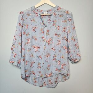 Bossini Floral Stripe Split Neck 3/4 Sleeve Blouse Blue White Red Size Small